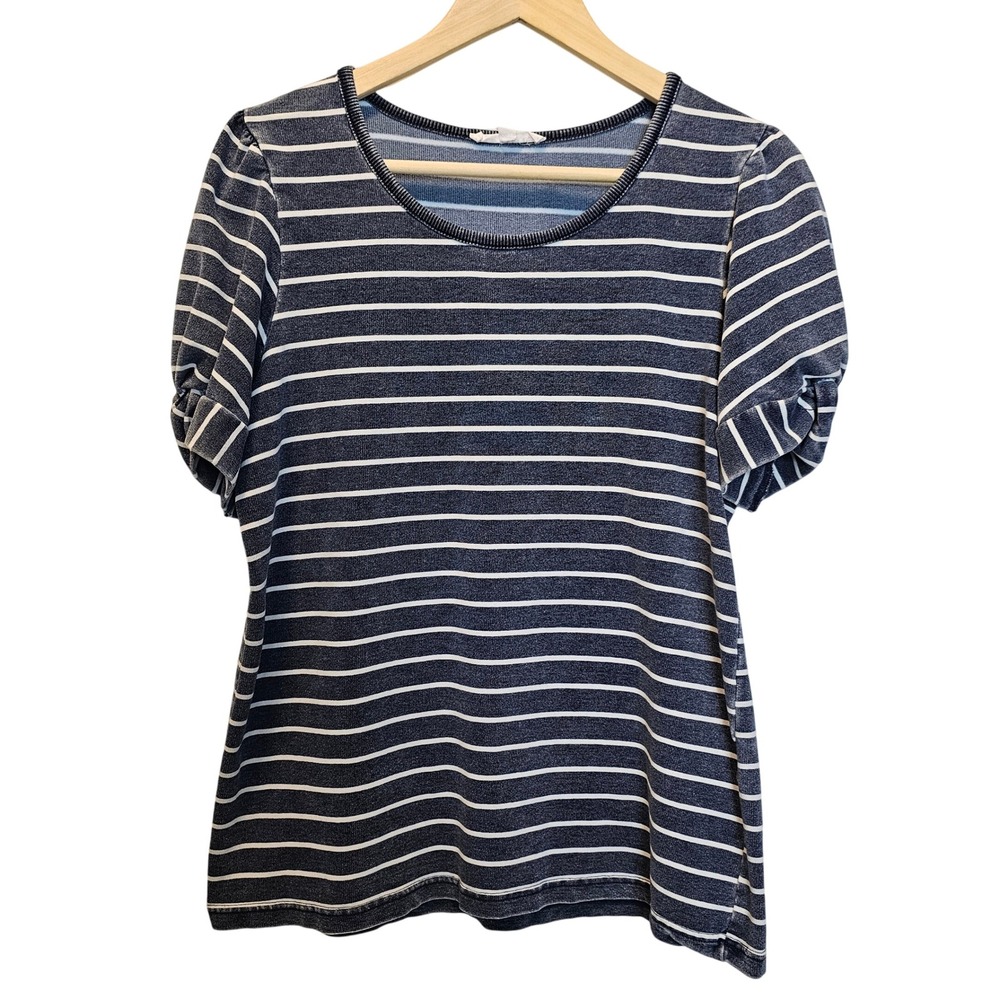 Jane & Delancey Navy White Stripe Puff Sleeve‎ Blouse Top T Shirt Size Medium